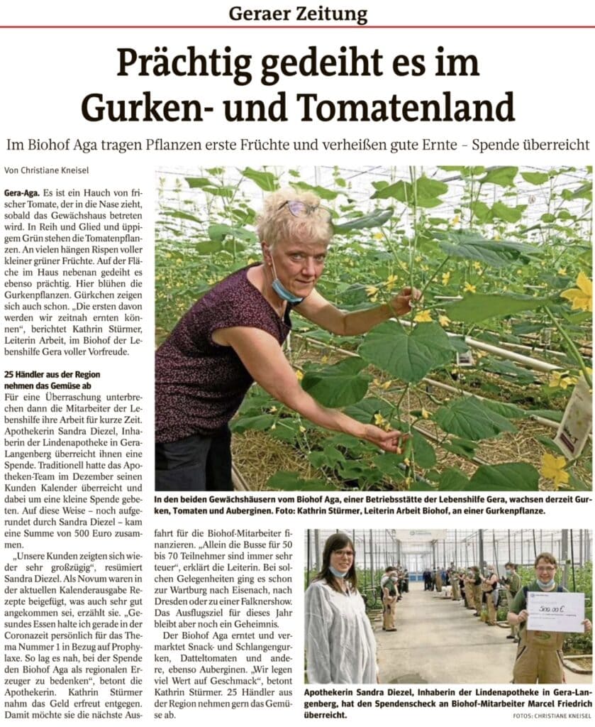 Ostthüringer Zeitung von 22.03.2021 Biohof Aga Lindenapotheke Spende