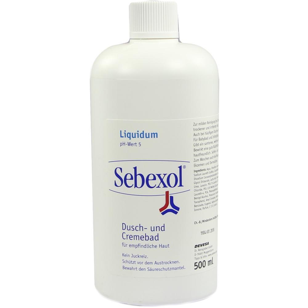 Eine weiße Flasche mit Sebexol Dusch- und Cremebad für empfindliche Haut.