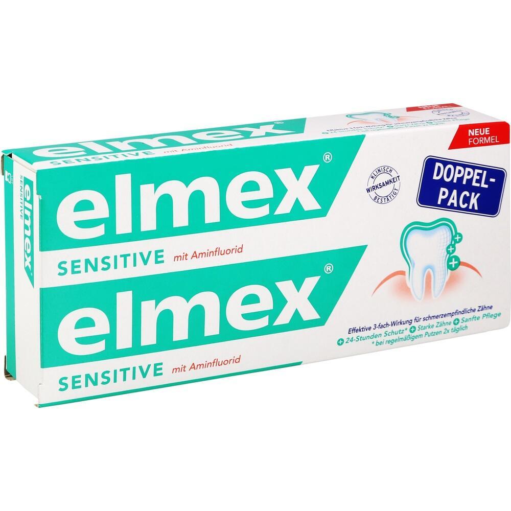 Eine grüne Zahnpasta-Packung von Elmex für empfindliche Zähne im Doppelpack.