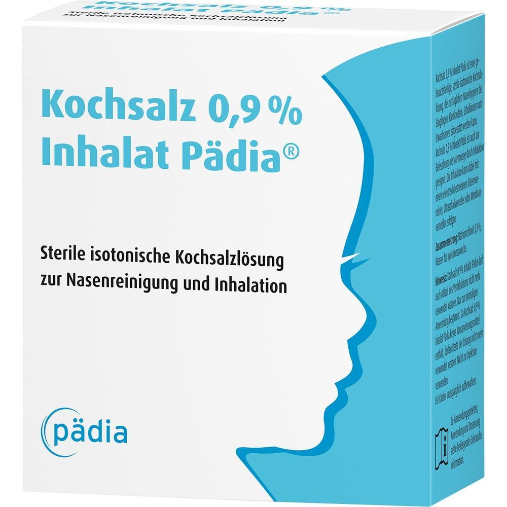 Eine weiße Packung mit blauer Silhouette und Text über Kochsalzlösung zur Nasenreinigung.