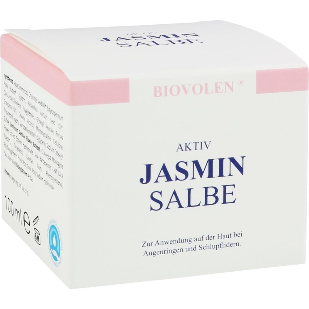 Eine weiße Schachtel mit der Aufschrift "Aktiv Jasmin Salbe" von Biovolen.